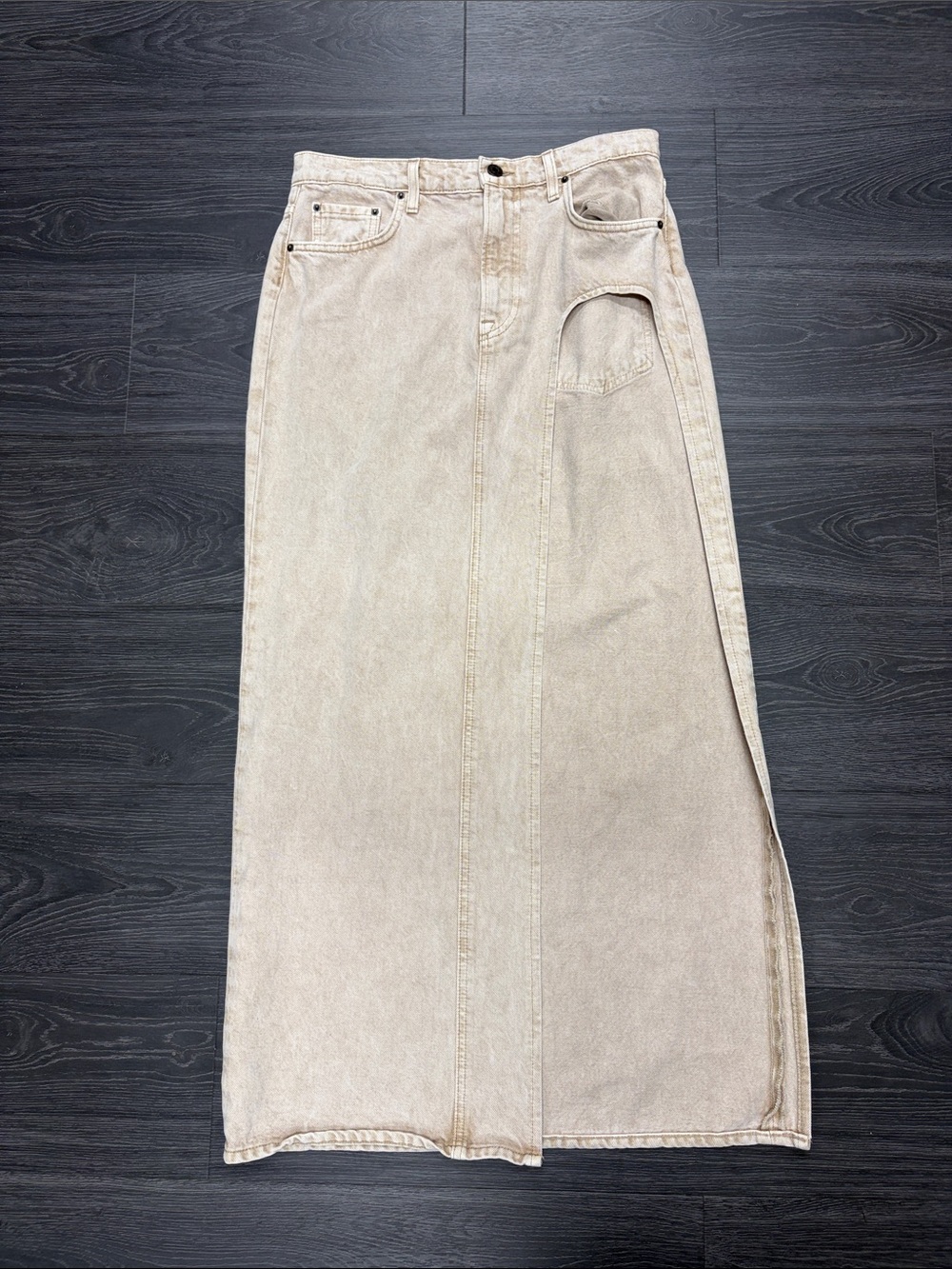GRLFRND Beige High-Waist Denim Maxi Skirt with Side Slit